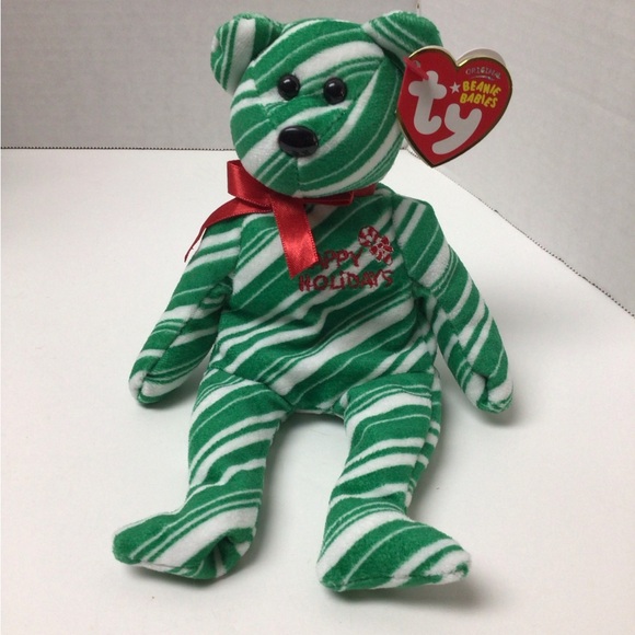 Ty Beanie Baby Retired 2007 Holiday Teddy Happy Holidays Green Candy Stripe Bear - Picture 1 of 3